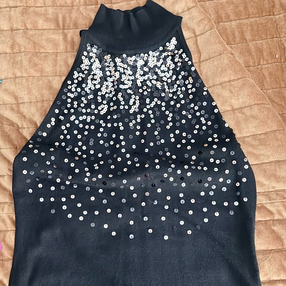 White House Black Market Black Sweater with Silver Sequins